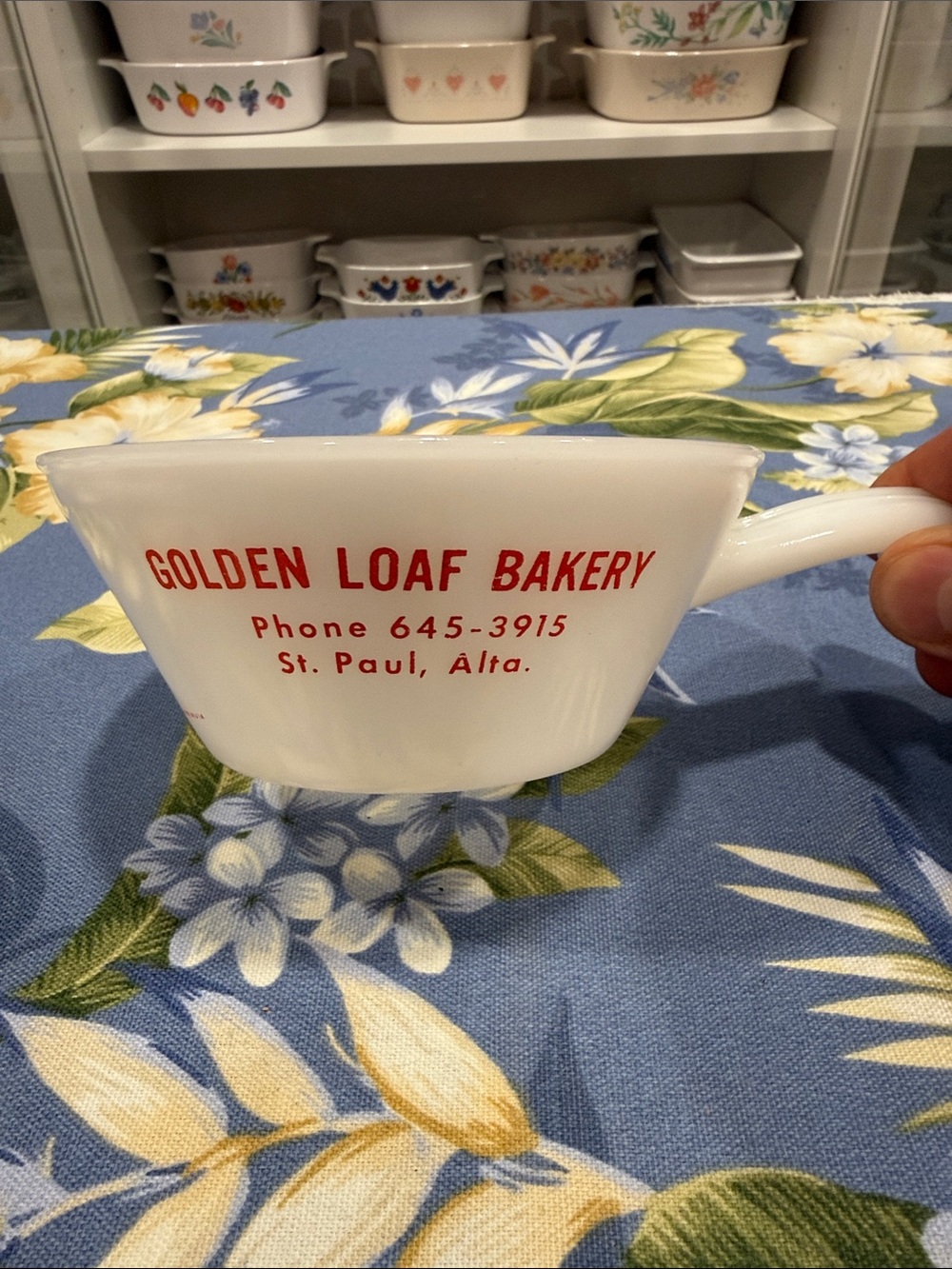 Golden Loaf Bakery Milk Glass Cup - White with Red Logo
